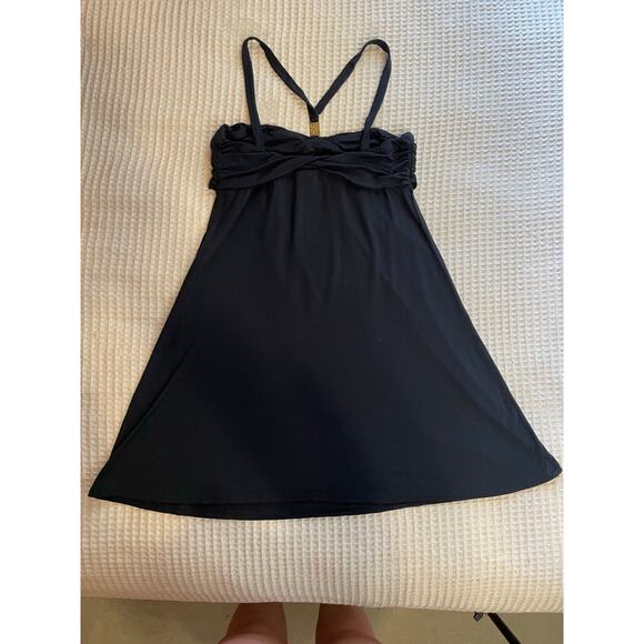 Trina Turk Black V Strap Babydoll Style Mini Dress Cover Up W/ Gold Detail Small - Picture 7 of 8